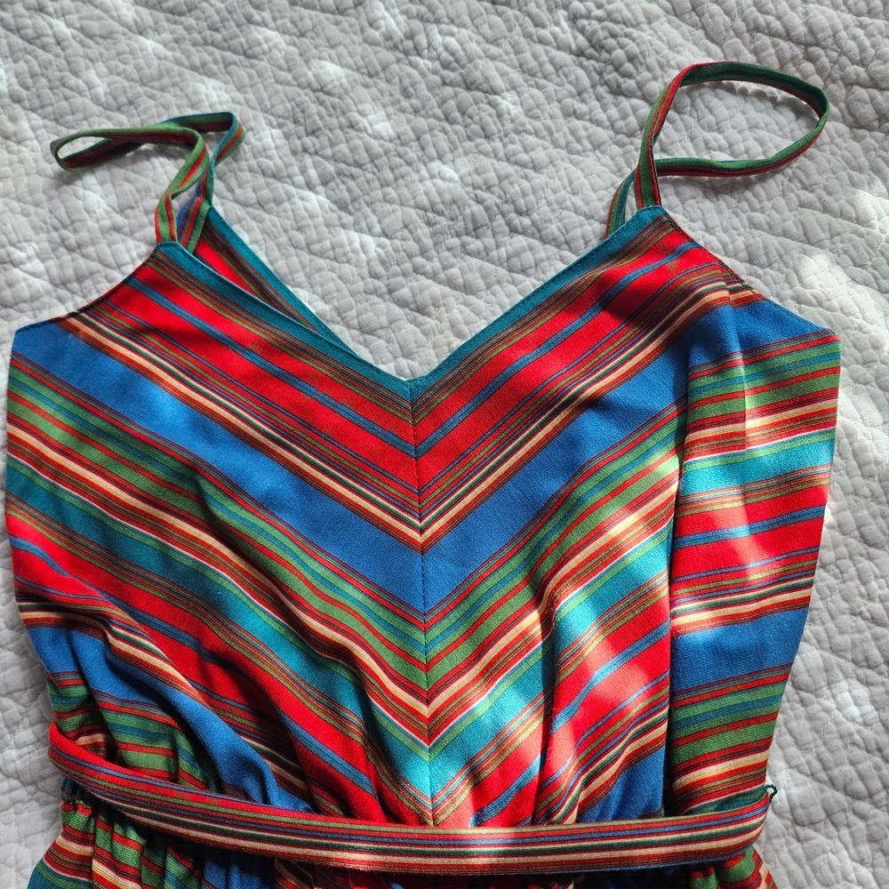 Vintage 70s Lanz Original Midi Dress Stripe Spaghetti Strap Belt S/M - Picture 5 of 16